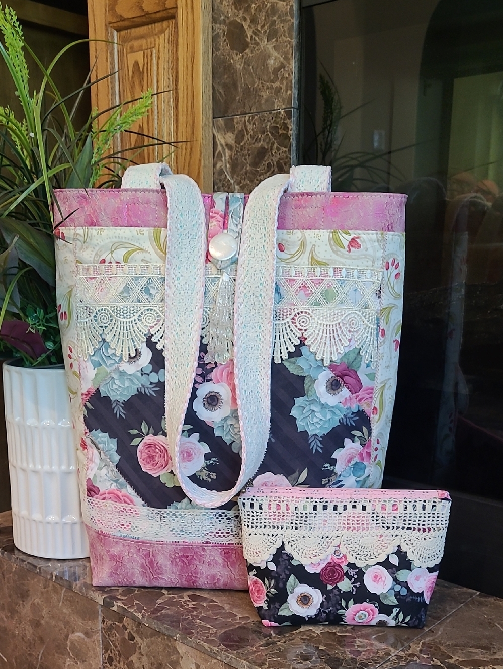 Handcrafted Artisan Made Quilted Shabby Chic Victorian Lace Tote And Small Bag